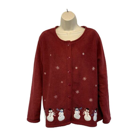 Croft & Barrow Sports Womens Fleece Cardigan Sweater Plus Sz 1X Snowman Mahogany - Picture 1 of 9